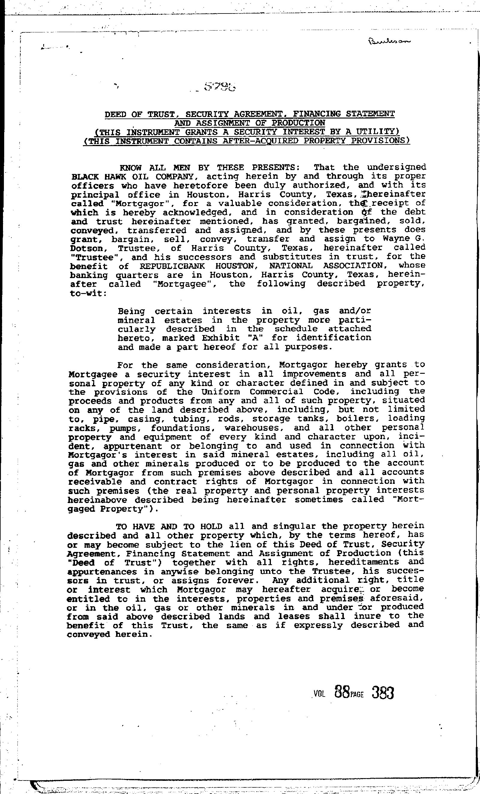 Black Hawk Oil Company - Recorded D/T Financing Stmt (Vol. 88, Page 383)