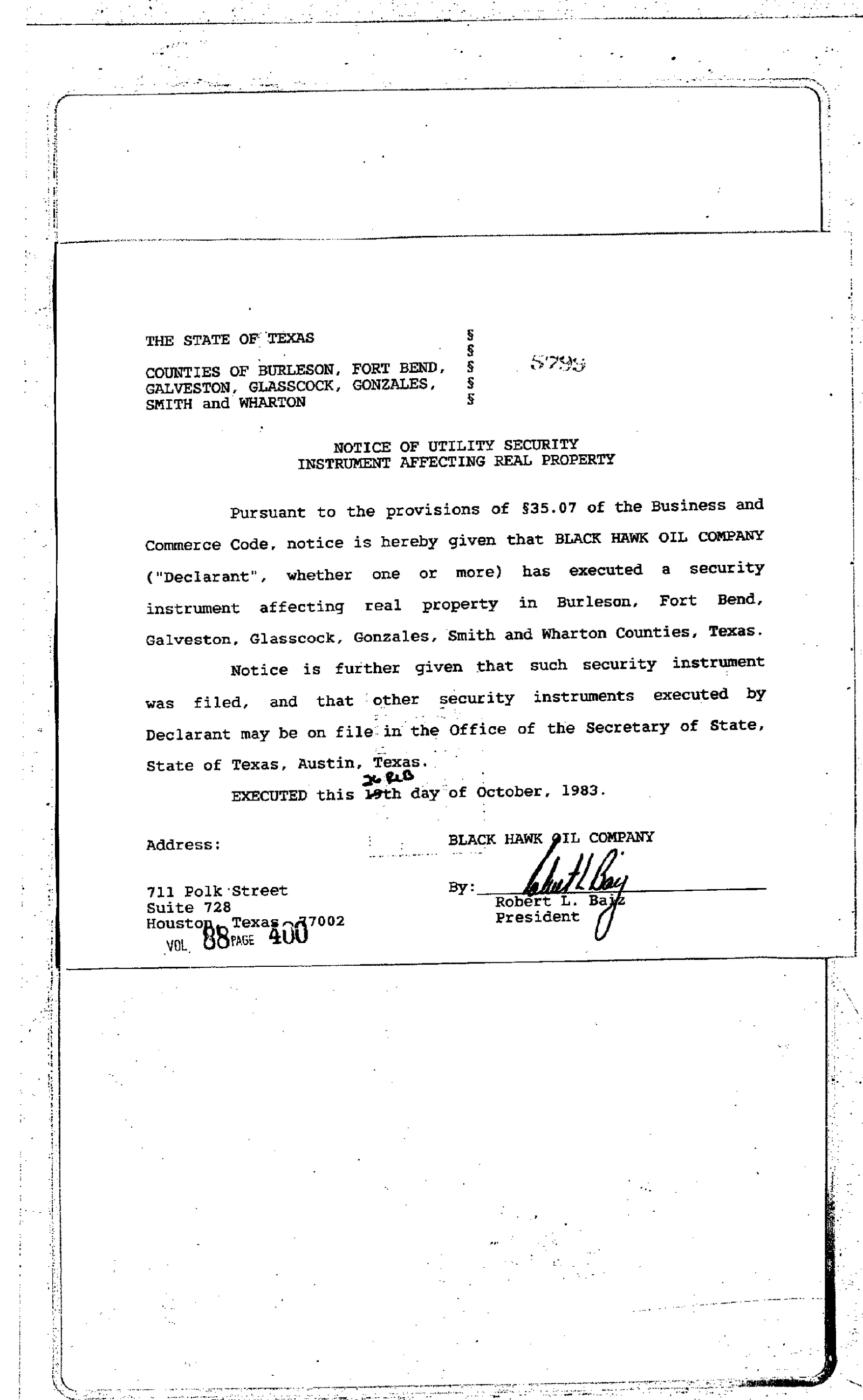 Black Hawk Oil Company - Recorded Notice (Vol. 88, Page 400)